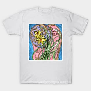 Two Daffodils and Branches Painting in Art Nouveau Style, Pastel Colors T-Shirt